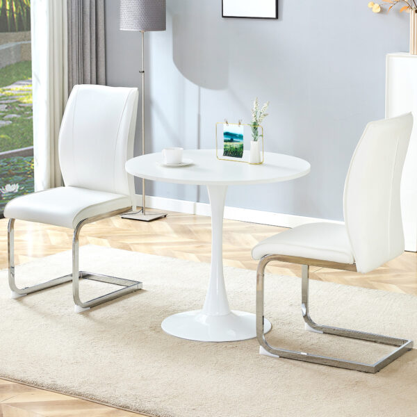 bac5390adb554ebb8e128ec13cd9a2b2_0935f7240228fbe4bf7260b79f0b04c9 Table and chair set.Hourglass-Shaped Stable Small Round Table -31.9" * 31.9" With 2 Soft and Comfortable White PU Chair With Arched Metal Silver Leg.Create Your Exclusive Low-Key Luxury Space.