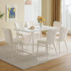 55"x31.5"Cream-Style White MDF Dining Table Set with 6 Armless Chairs.MDF Tabletop and metal legs.The backrest of the dining chair has a vertical line design.Adding a warm atmosphere to your family.