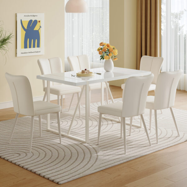 bae8e22b2cc64a149a5083d9679fb42f_3c0e3b89b93a7049a8bbe73d4fc3d8ec 55"x31.5"Cream-Style White MDF Dining Table Set with 6 Armless Chairs.MDF Tabletop and metal legs.The backrest of the dining chair has a vertical line design.Adding a warm atmosphere to your family.