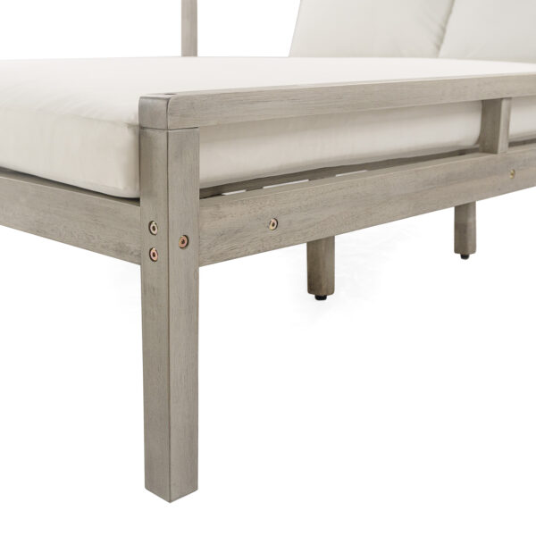 TREXM Outdoor Daybed, Patio Daybed with Four Pillows, Wooden Outdoor Bed with Curved Armrests for Poolside, Backyard, Garden (Gray+Beige Cushion)
