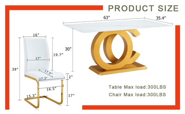 bb01e5032b834c50b1b03aeda7be727b_cfd1f7abc1c035f697b9ea2ec84d7a2f Table and chair set.Subtle Luxury Tempered Glass Dining Set - 63"x35.4" with 6 White PU Material High Resilience Dining Chairs.Arched Metal Gold Leg.White imitation marble texture sticker Tabletop.