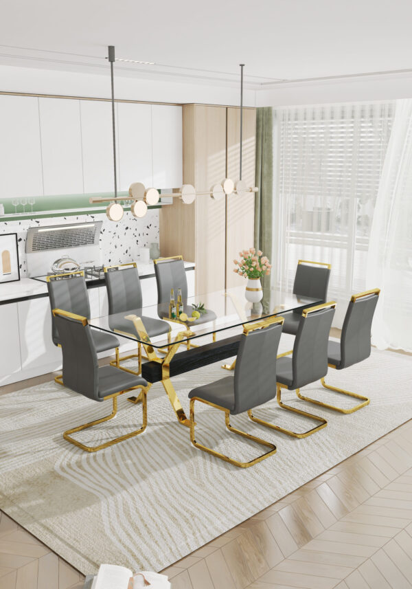 bb0906e317de42c89d88ad360351a7f9_20230727_9153e32a73bbd8620b3ee851678635d0 Dining table. Modern tempered glass dining table. Large modern office desk with gold plated metal legs and MDF crossbars, suitable for both home and office use. Kitchen. 79 ''x39''x30 '' 1105