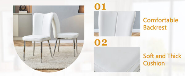 bb5929d5b7294e24ab3b938c1b0e250a_18e092e874a186f3b390a0a2f79837de Table and chair set.64.5x35.4 Inch Stylish White Marble Textured Dining Table.Paried With 4 White PU Chairs with a vertical stripe design on the backrest.Create Your Exclusive Low-Key Luxury Space.