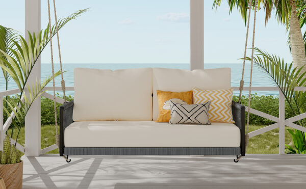 TREXM 1-Piece Woven Rope Outdoor Swing Sofa with Soft Cushions Seating 2 for Patio, Courtyard and Balcony (Beige)