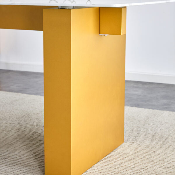 bbaab91e35a64e9b867c95db4be30a21_b18e9552a137fbb9527dcbb06d31b578 Table and chair set.Large modern rectangular table with 0.4 inch patterned glass tabletop and large MDF table legs.Comes with 8 chairs with faux leather cushioned seats and golden metal legs.