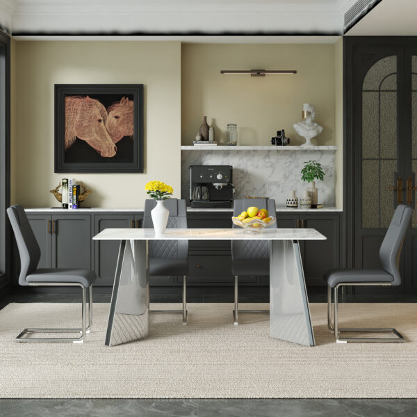 bbb0ccbe2b8f44d084bd60961da455f6_8153c35b8557289fac0a78c8345722bb Table and chair set.63*31.4 Inch Luxurious Cold Jade Sintered Stone Dining Table Set- 4 Dark Gray High-quality PU Chairs With Arched Silver Metal Legs.Perfect For Dinner Room,Meeting Room,Kitchen,etc.