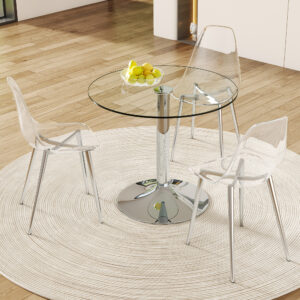 Table and chair set.A 35" Transparent Tempered Glass Round Dining Table-Silver Metal Bracket and Base.Paired with 3 transparent plastic dining chair,silver metal legs,Integrated backrest cushion.