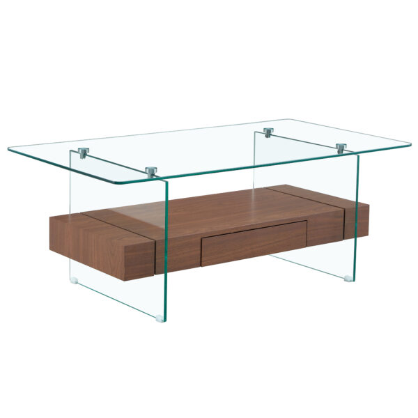 43.3 Inch Modern Two-Tier Coffee Table - Clear Tempered Glass and Dark Wood Grain, Multifunctional Storage Design.The bottom tier includes a drawer.Can be used as a coffee table,side table,etc.