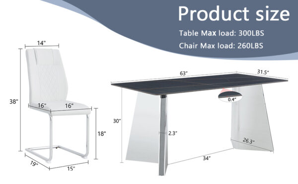 bbe5f7ad5d084863b250c0b1804fbdba_98334f43a8251388a332bd654dcb43d9 Table and chair set.63"x31.5x30" Black Marble-Patterned Slabs Tabletop with Stainless Steel Butterfly Legs.Paried with 6 White high-quality PU chairs with silver metal legs.