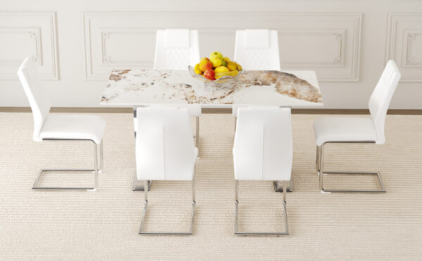 bbf390ebbfc44633bef3ccd23a4e1b16_c56ec2d9771caf136c6cb58e8e722644 Table and chair set.63*31.4 Inch Pandora Patterned Sintered Stone Dining Table Set - 6 White Chairs With Silver Metal Legs.Modern Light Luxury.Perfect For Dinner Room,Meeting Room,Kitchen,etc.