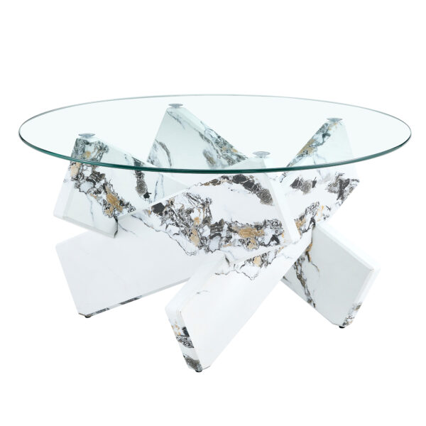 bc1daf19675543ac98755c3b5b3390e5_ac1c983d60be6e9a4131208e4db576e4 Round glass coffee table, 33.4 "modern design unique coffee table. Tempered glass countertop with white patterned MDF legs. Suitable for living and dining rooms