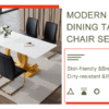 Table and chair set.Subtle Luxury Tempered Glass Dining Set - 63"x35.4" with 4 Black PU Material High Resilience Dining Chairs.Arched Metal Gold Leg.White imitation marble texture sticker Tabletop.