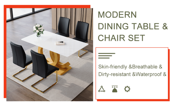 bc434a96f8f9457d8ca1c31780d52488_bf3ea95f7539fb50acbf80492f8c70ea Table and chair set.Subtle Luxury Tempered Glass Dining Set - 63"x35.4" with 4 Black PU Material High Resilience Dining Chairs.Arched Metal Gold Leg.White imitation marble texture sticker Tabletop.