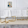 Luxury Simple Arch Chair - Set of 4 White PU Material High Resilience Dining Chair with Arched Metal Gold Leg.