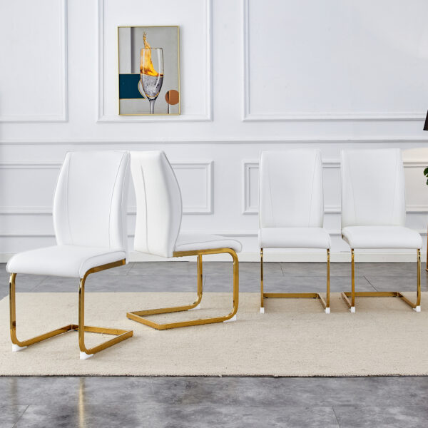 bc6b1e7764dd42f8afe8651baf783e12_3e52ffde64e1c005c237efcb4f8110af Luxury Simple Arch Chair - Set of 4 White PU Material High Resilience Dining Chair with Arched Metal Gold Leg.