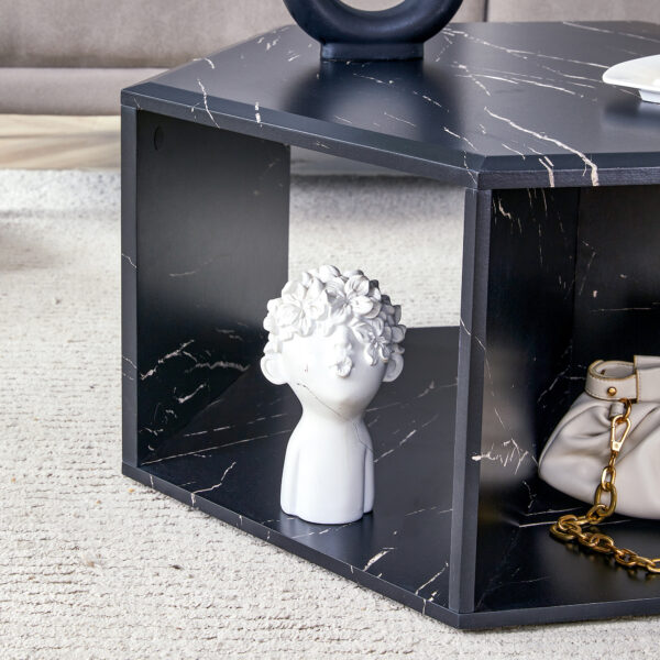 bc83c258a6b8470699c8ddf7d2c3bd74_b18dfc64c4beda4ad052c6ce93e5f97e Modern Minimalist Black Hexagonal Coffee Table Set.Hexagonal MDF coffee table, characteristic pattern stickers, multi-hole design to give more storage space.Two coffee tables of different sizes.