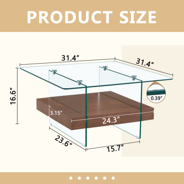 bc8db6e414ca4cf29c241bee1cf32d3d_8a445b967be58a13a562161e23f58bde 31.4 Inch Modern Two-Tier Square Coffee Table - An Elegant Combination of Clear Glass and Dark Wood Texture Sticker It can be used not only as a coffee table but also as a side table or display stand.