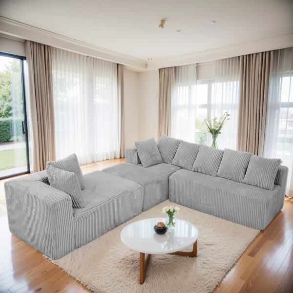 Modular U-Shaped Sectional Sofa,130-inch 4-Seater Chaise Lounge with Reversible Design, Striped Corduroy Fabric in Gray – Customizable Living Room or Bedroom Couch, Freely Configurable Layout.
