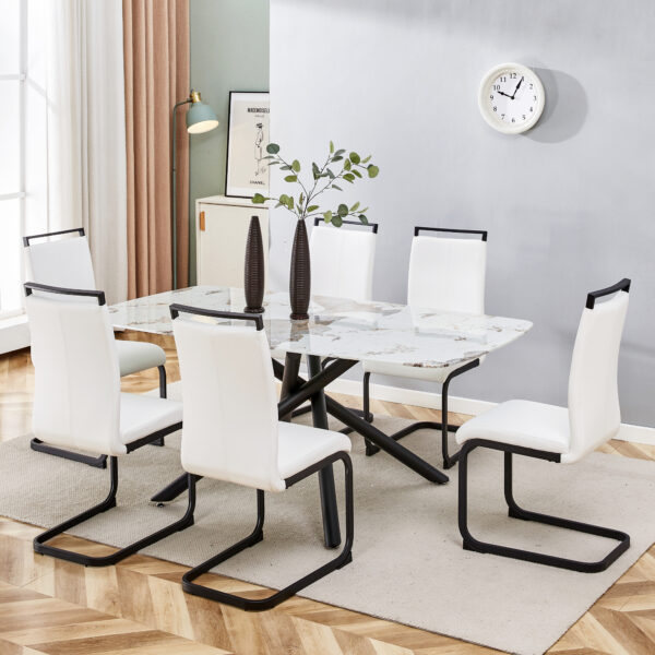 bc9495d16aa646efbc3f9dcdd3a1ec28_20230613_114737a975e58633f8f522780b30d6c4 Large rectangular imitation marble dining table, 6-8 seats, 0.39 "black artificial marble countertop, smooth chrome legs, Sleek Chrome Legs. Perfect for Kitchen, Dining, Living, Meeting, Banquet 1537