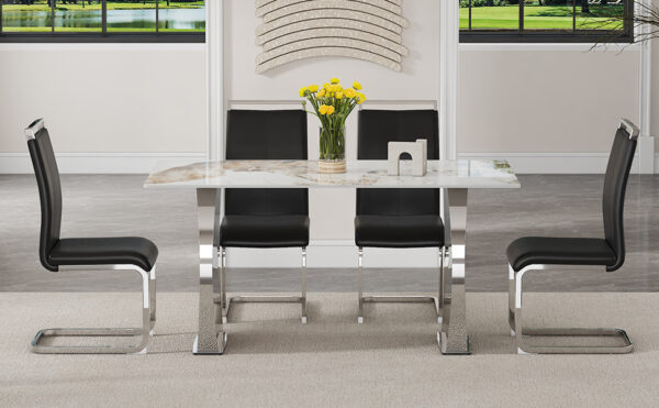 bca188d0a35040f1b5b7d274f47d0455_73ea66acc6ecc6a9ff4b367cd0a9b59d Table and chair set.63*31.4 Inch Pandora Patterned Sintered Stone Dining Table Set - 4 Black PU Chairs With Silver Metal Legs.Modern Light Luxury.Perfect For Dinner Room,Meeting Room,Kitchen,etc.