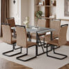 Table and chair set. Modern minimalist grey marble textured MDF dining table with metal frame.Paired with 6 brown technology fabric chairs with Featuring arched black legs.