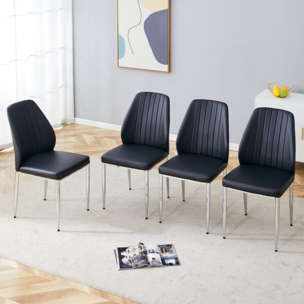bcab68eb9c3f47fbb3ee96e603c0256d_89c3d96e5d1c3668e430cf247fb8bd9a Set of Four Black PU Comfort Dining Chairs (17.7"x25").Dining chair with extended backrest,BLACK PU,Silver metal legs,Suitable for various places such as family restaurants, hotels, coffee shops,etc.