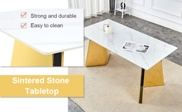 bcc0880c5ff5408cb75106ce4cdccc4f_8a5f815f0adf34257f3a1b2a534f9f00 63"x31.5x30" Luxurious Snow Mountain Stone Slab Dining Table with Golden Stainless Steel Butterfly Legs.The tabletop is designed to be scratch and heat resistant.Slabs Tabletop,