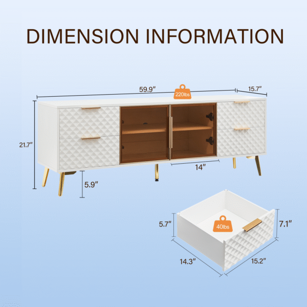 Deluxe Sculpted Modern Fashion Geometric Style TV Stand, Aluminum Frame Tempered Glass Door 4 Drawer Chest with Adjustable Metal Feet ,White,59.9"L x 15.7"W x 21.7"H
