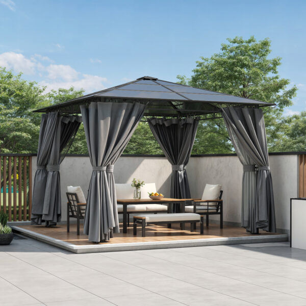 TREXM 10'x10' Hardtop Outdoor Gazebo with Polycarbonate Roof, Patio Gazebo with Aluminum Frame, Mosquito Netting and Privacy Screens for Shade and Rain, Backyard Tent for Backyard, Garden, Lawn (Grey)