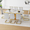 Table and chair set.71"x35.4"x30" Luxurious Pandora Patterned Glass Dining Tabletop with Golden Back To Back C-Shaped MDF Legs.Paried With 8 Light Gray PU Chairs with golden C-tube metal leg.