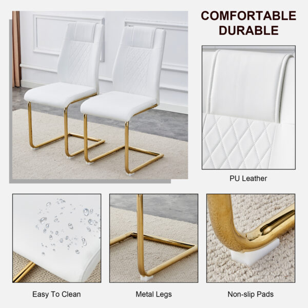 Modern dining chairs, dining room chairs, and golden leg cushioned chairs made of artificial leather, suitable for kitchens, living rooms, bedrooms, and offices. Set of 6 pieces (white+PU )C-001