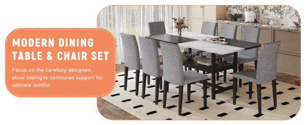 bd23d48343db4a5897f30253ab0bcd75_3a606478191e9c445b7c8d67c32bfef4 Table and chair set.71*35.4 inch White And Black Spliced Dining Table With Storage Function In The Middle Of The Table Legs.Paired With 8 Light Gray Linen-Cotton Dining Chairs, Simple And Versatile.