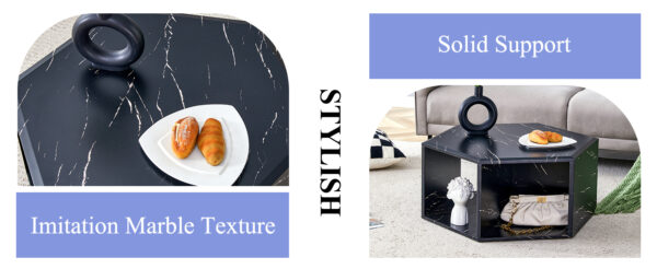 bd39f0f408254e249642283863becf4c_aff1ec95c4623368eb157d4bc2508ecb Modern Minimalist Black Hexagonal Coffee Table Set.Hexagonal MDF coffee table, characteristic pattern stickers, multi-hole design to give more storage space.Two coffee tables of different sizes.