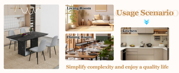 Table and chair set.Black Marble Pattern MDF Dining Table Set - 63"x35.4" with 4 Light Gray Linen Fabric Chairs.Integrated Seat and Backrest,Linen-Cotton Material.Suitable for kitchen,Dining room,etc.