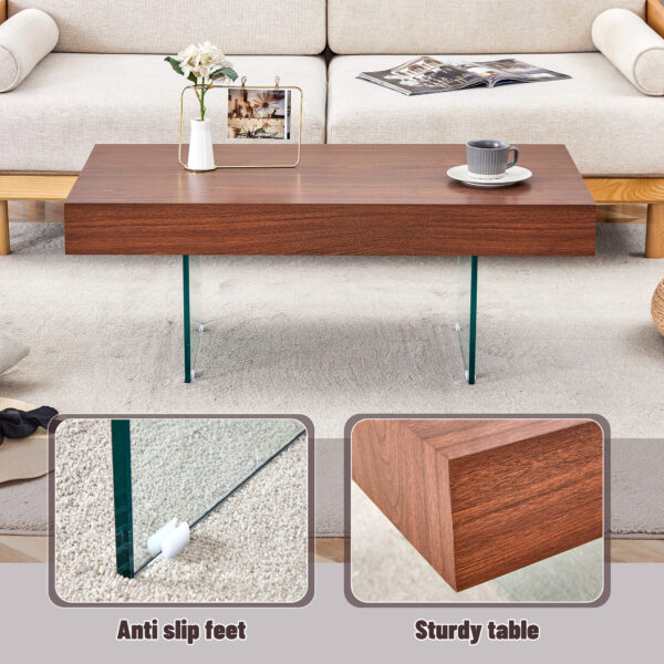 bd7fbb504f424fb5a35a34399c41553d_9ac09fc11fa02af6e55467936b6ac50e Walnut Colored MDF Coffee Table - 39.3"x21.6" with Tempered Glass Legs.Density Board Sticker,Reinforced Glass Legs.Walnut Colored Texture Sticker.