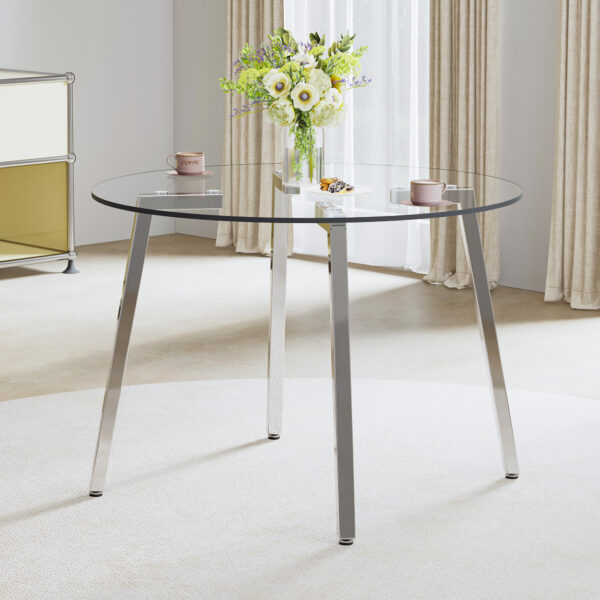 bd8a92fb55d84b79a84ea068658b0e0b_20240306_170cc7cfc7abbf889a5464688f7c6a87 Modern minimalist style circular transparent tempered glass table, tempered glass tabletop, silver metal table legs, suitable for kitchen, dining room, and living room, 40 "* 40" * 29.5 "W1151S01226