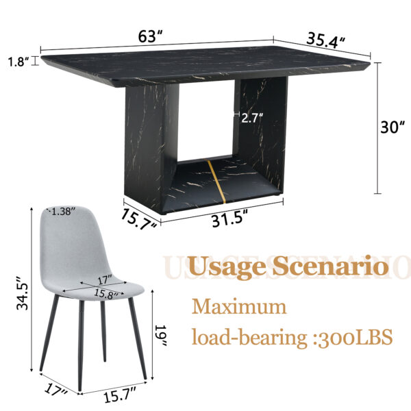 Table and chair set.Black Marble Pattern MDF Dining Table Set - 63"x35.4" with 4 Light Gray Linen Fabric Chairs.Integrated Seat and Backrest,Linen-Cotton Material.Suitable for kitchen,Dining room,etc.