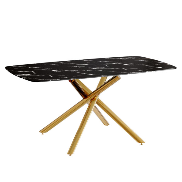 bdcdd15921e9409991cc35b644ef7ad5_566686a6d2d0a696f9060c73363963bf 63"x35.4" Luxurious Black Marble-Patterned Tempered Glass Dining Table.Single Fork Golden Metal Table Legs.Tempered Glass Table Top,Golden Metal Leg.Make it Adaptable To Various Decoration Styles.