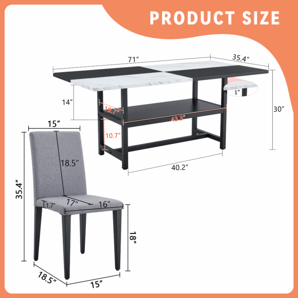 bdef5875b4cf4475b800c5a4fc5dbdfb_388eb439b9eb09e67548f292debe46ab Table and chair set.71*35.4 inch White And Black Spliced Dining Table With Storage Function In The Middle Of The Table Legs.Paired With 8 Light Gray Linen-Cotton Dining Chairs, Simple And Versatile.