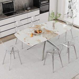 Table and chair set.Modern Luxurious white Marble-Patterned Tempered Glass Dining Table with 6 Transparent Plastic Chairs with silver legs.Single fork silver metal table legs.
