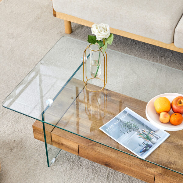 be1f30fc7da043bda8690ded83070507_39da496ac513e266d3591b0f13816c8b 43.3 Inch Modern Two-Tier Coffee Table - Clear Tempered Glass and Natural Wood Grain, Multifunctional Storage Design.The bottom tier includes a drawer.Can be used as a coffee table,side table,etc.