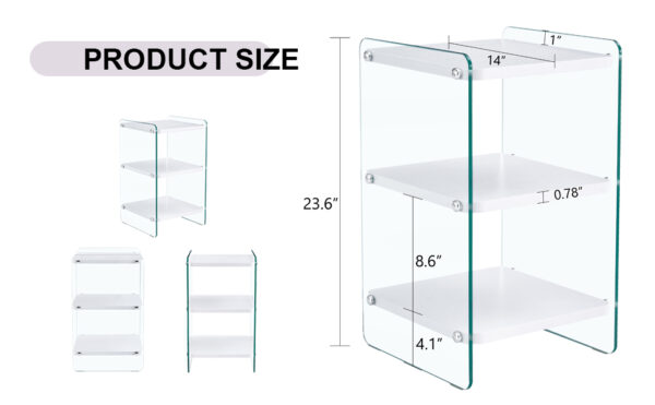 be201ab2a0f343b69d82c9f8b3fa41c7_e2286da7ef0300a35ff178600d0fdb82 Three levels of bedside tables. The board surface is MDF, with white stickers, and both sides are transparent tempered glass. The design is simple and generous, with storage function.