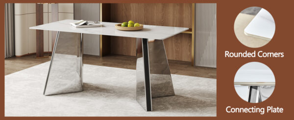 be2337bb9aad498b9f383c16eb184499_24284fbccfebbf8c4b5c0299945c77f5 63"x31.5x30" Luxurious Snow Mountain Stone Sintered Stone Dining Table with Silver Stainless Steel Butterfly Legs.The tabletop is designed to be scratch and heat resistant.