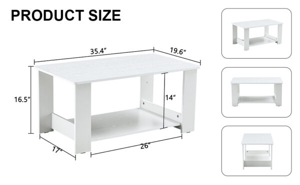 be2be76995da4bf0b8dcf05b009cdb8d_20240206_e51ed31c3033220e051a4e549edaae04 A modern and minimalist white double layered rectangular coffee table and coffee table. MDF material is more durable and suitable for living rooms, bedrooms, and study rooms. 19.6 "*35.4"*16.5 "CT-16