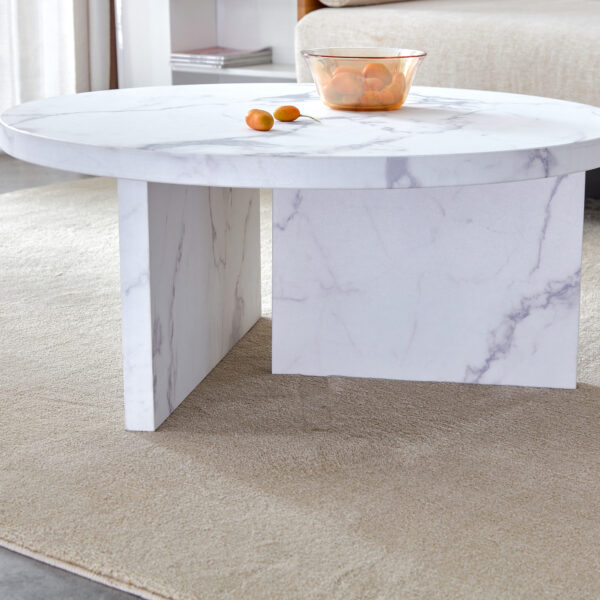 be37cb33133f463e9f87a2a3c1eb1738_20240123_811e3365cfdceb6d6b7d46f3d5ce49fa A white MDF material circular patterned coffee table, a 31.4-inch white center table, modern coffee table, suitable for small spaces and living rooms.