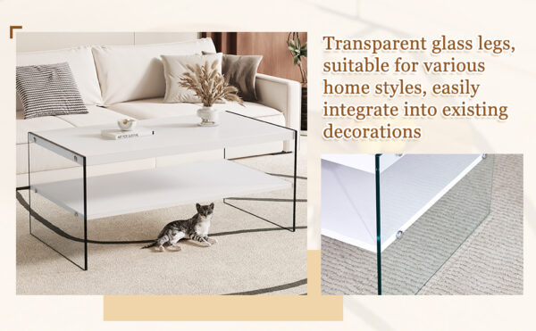 Double rectangular coffee table. The board surface is MDF, with white stickers, and both sides are transparent tempered glass. Suitable for living room, bedroom and other occasions.