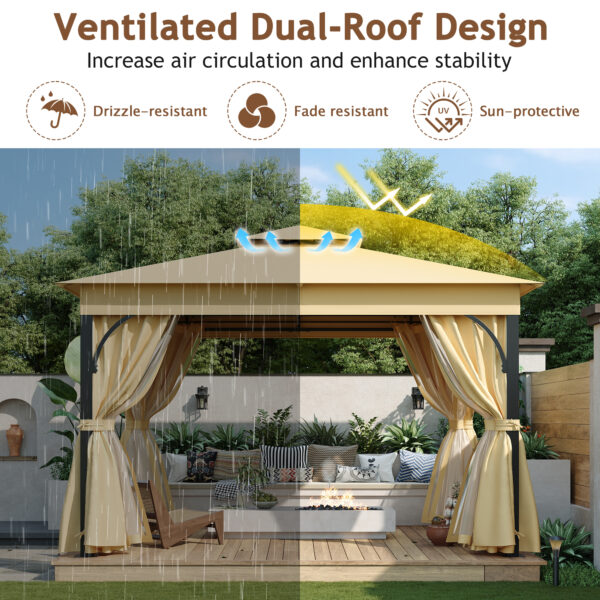 TREXM 10x12 Outdoor Gazebo Tent with Double Roofs, Patio Gazebo with Mosquito Netting and Privacy Screens, Patio Canopy for Shade and Rain for Backyard, Garden, Lawn and Deck (Beige)