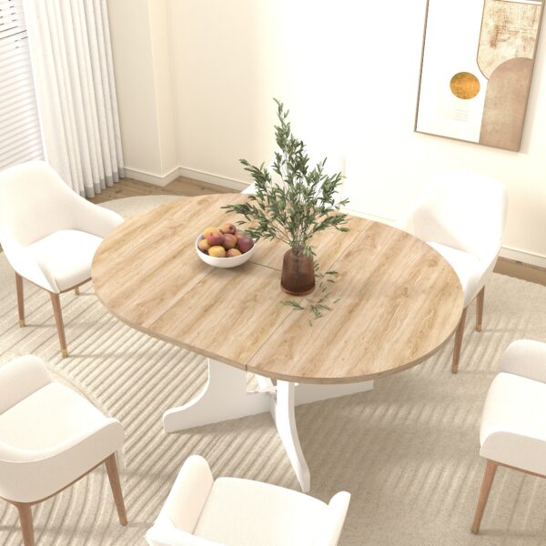 be7060023ce4480b8f456e29a034afcf_55941ce0ea7f35e197c49de0379837d5 Dining Table for Farmhouse Kitchen 59x43 Inch Expandable Oval Table Top with Removable Leaf Trestle X Shaped Base White