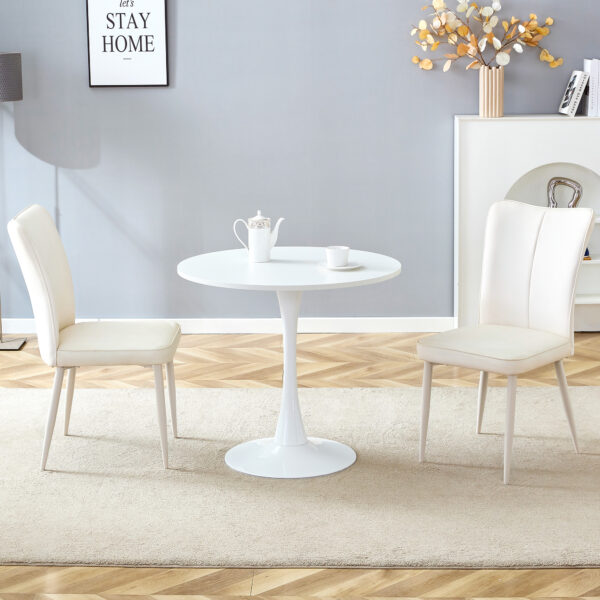 be7ee960704c4ccc8f09abbf73857c92_4b3a53a6f09fd33494e66daad7752918 Table and chair set.Hourglass-Shaped Stable Small Round Table -31.9" * 31.9" with 2 Cream-Style dining chairs with a vertical line design on backrest.Adding a warm atmosphere to your family.