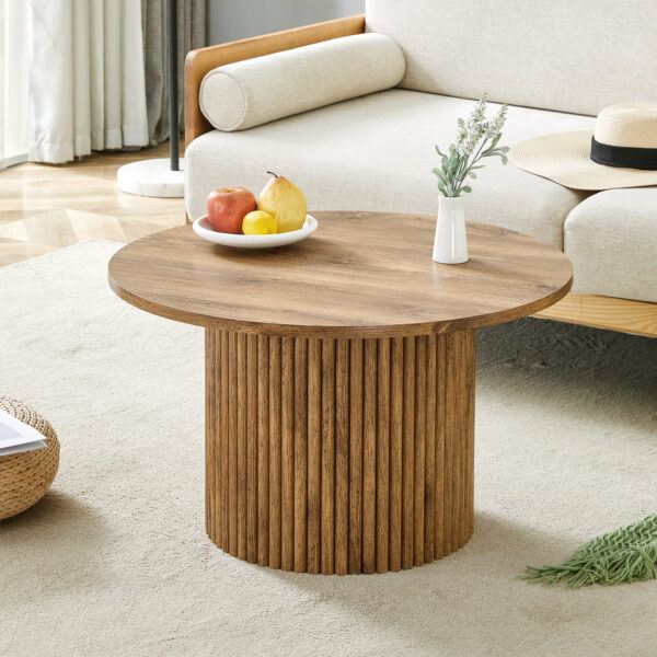 be8ddd977303435f8bee535fe48673fe_cf79adb4886484467a31bfc68f2de27c A modern circular coffee table with a diameter of 27.5 inches interprets home aesthetics and practicality. MDF material,cylindrical table leg design.Becoming the visual focal point of home decoration.